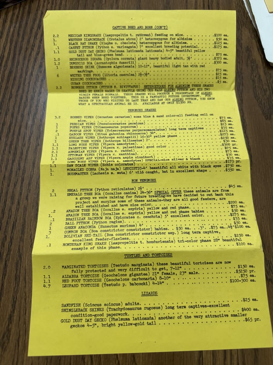 An original Crutchfield Reptiles price list.
